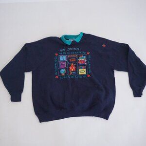 Vintage Brindar Navy ABC Schoolhouse Teacher Apple Sweatshirt Cabincore XXL